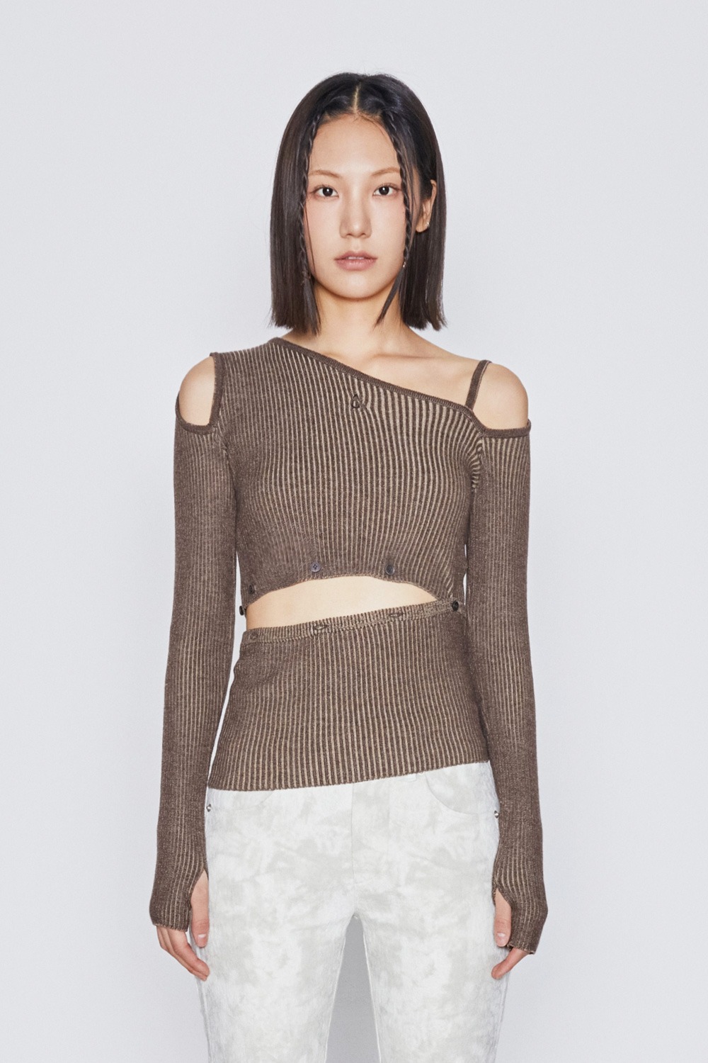 TWO WAY RIBBED OFF SHOULDER KNIT TOP (BROWN)